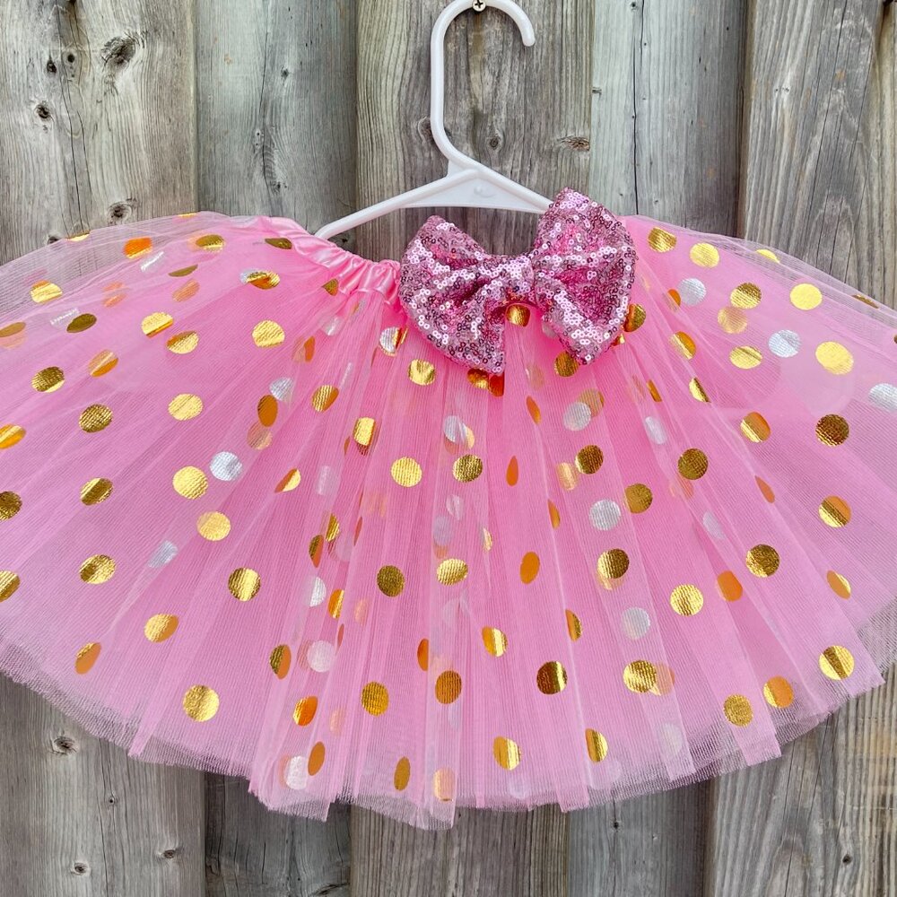 Tutu 4 Full Layer Pink Gold Polka Dots Tutu Bow Tutu 4 Full Layer